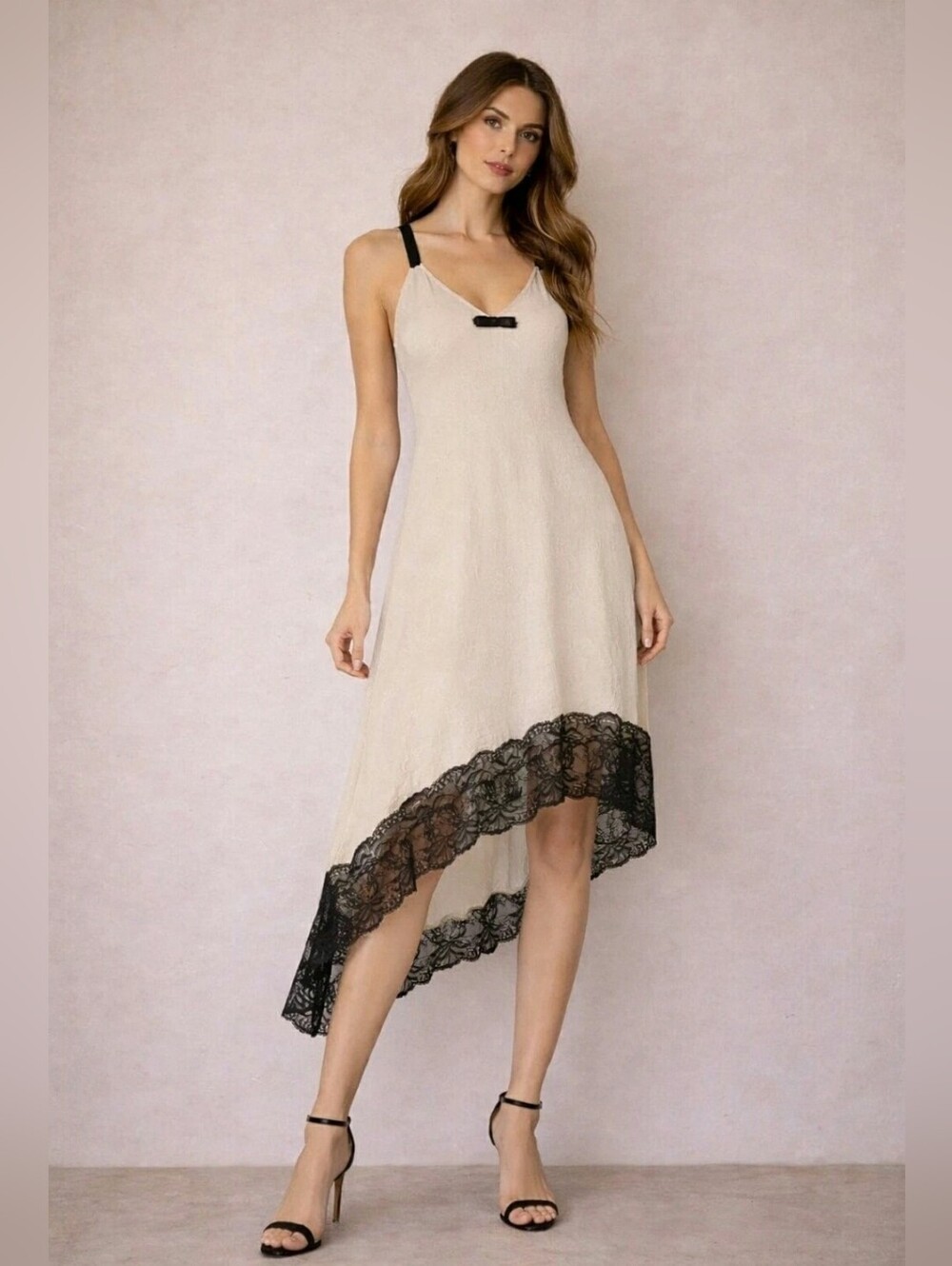 Guardaroba Silk Blend Lace Hem Slip Dress Size M,A-line,Ivory/black,asymmetrical